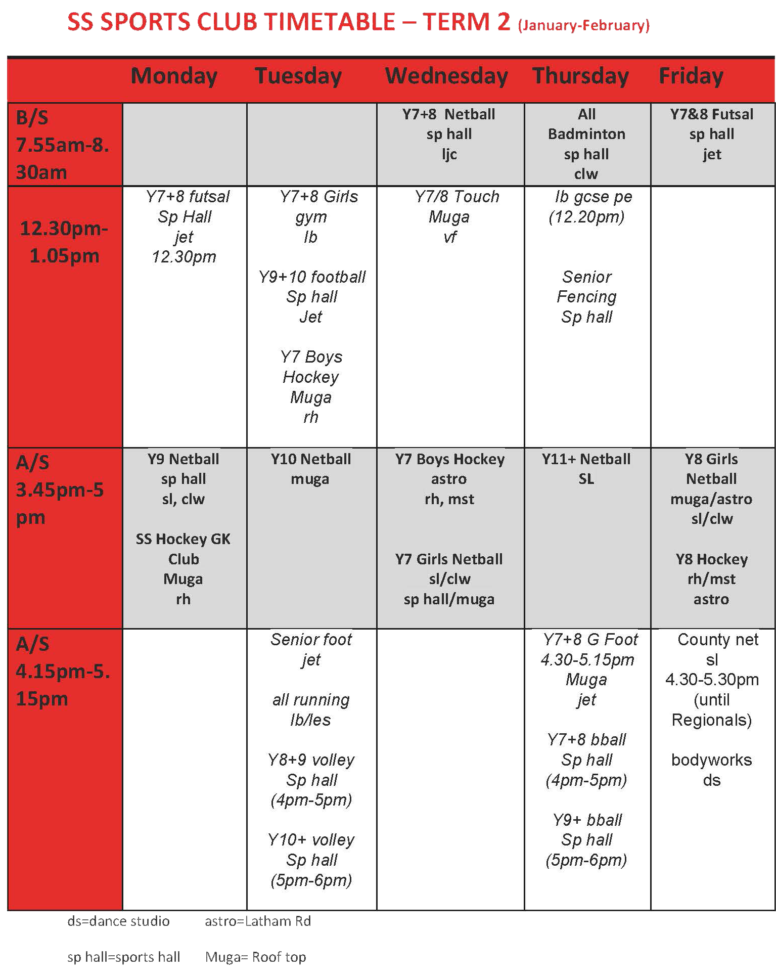 SS Sports Clubs Timetable